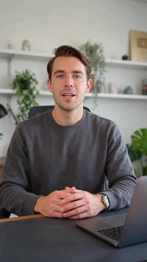 AI-generated presenter seated at a desk in the water bottle example