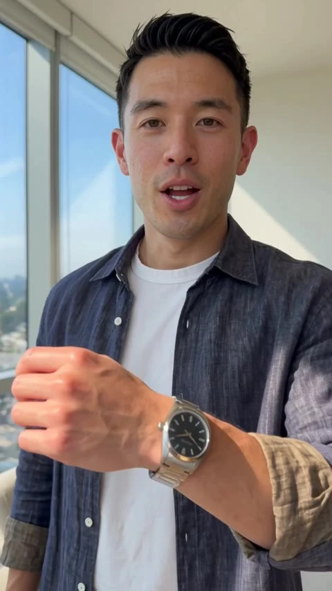 AI-generated presenter showing a wristwatch