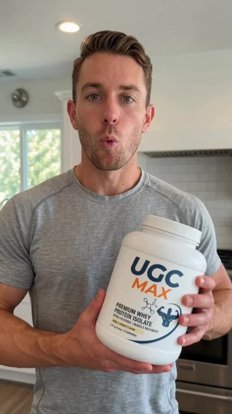 AI-generated presenter holding UGC Max whey protein isolate