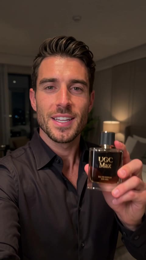 AI-generated presenter holding the same perfume bottle